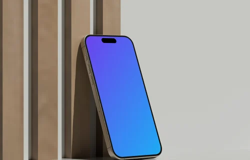 iPhone 16 mockup standing on reflective surface with geometric backdrop