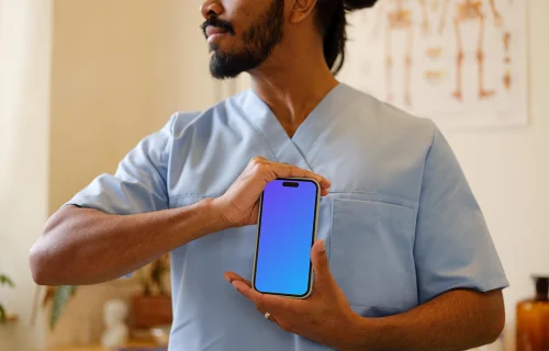 iPhone mockup en manos de un médico