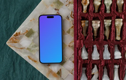 iPhone mockup on the chess board
