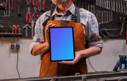 Leather crafter holding an iPad mockup