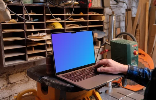 MacBook mockup in the craft workshop
