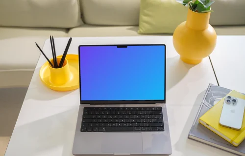 MacBook Pro 14-inch mockup on a modern white table