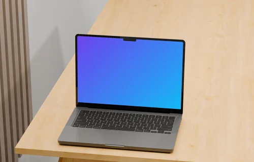 MacBook Pro 14-inch mockup on wooden table