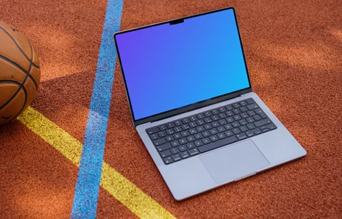 MacBook Pro 14 mockup on a basketball playground
