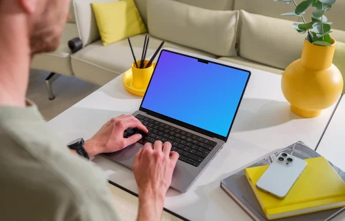 MacBook Pro 14" mockup on modern home office desk