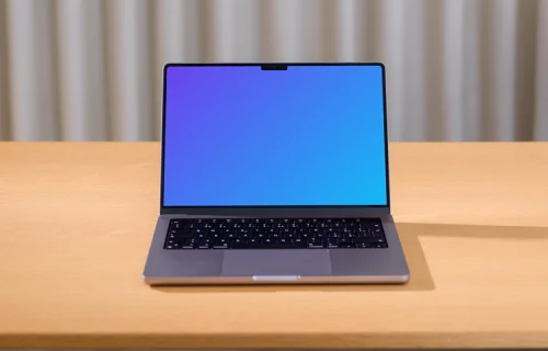 MacBook Pro 14 Mockup on Wooden Desk against Curtained Background