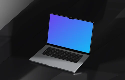 MacBook Pro 16 inch Mockup on a Glossy Black Surface