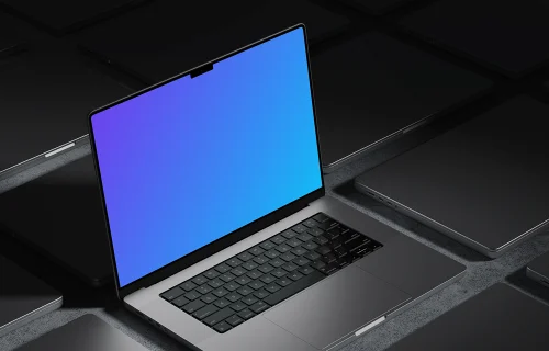 MacBook Pro 16 inch mockup on a modern black desk