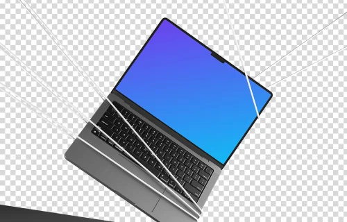 MacBook Pro mockup held by ropes on transparent background