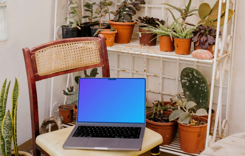 MacBook Pro mockup in front of many potted plants