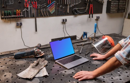 MacBook Pro mockup in workshop