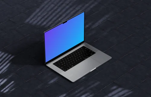 MacBook Pro mockup on a dark tiled floor