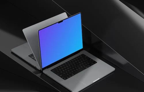 MacBook Pro mockup on glossy black surface