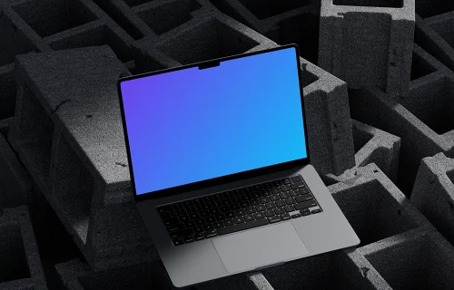 MacBook Pro mockup on isometric concrete blocks