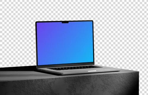 MacBook Pro mockup on textured rock platform with dramatic shadow