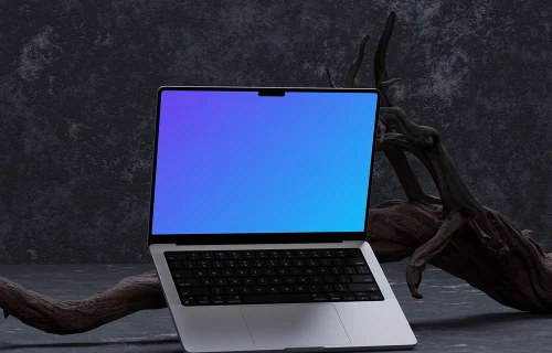 MacBook Pro mockup with artistic wooden element