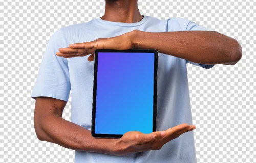 Man framing iPad mockup with both hands