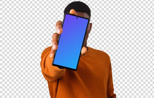 Man holding Google Pixel mockup in front of his face