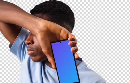 Man in light shirt holding Google Pixel mockup next to the face