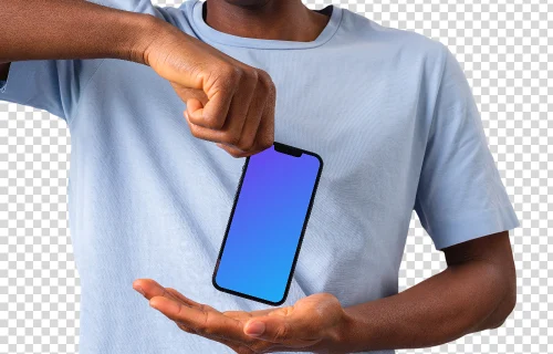 Man in light shirt holding iPhone mockup from the top