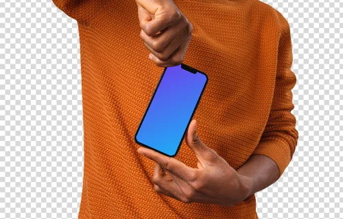 Man in orange sweater holding iPhone mockup from the top