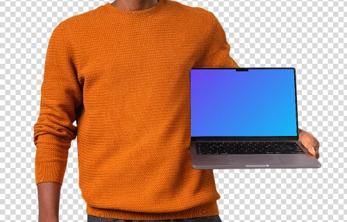 Man in orange sweater holding opened MacBook mockup from the side