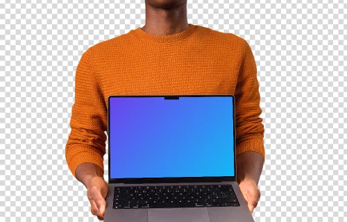 Man in orange sweater holding opened MacBook mockup