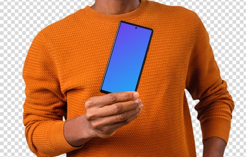 Man in orange sweater showcasing the app on Google Pixel mockup