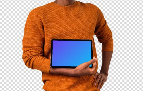 Man in orange sweather holding iPad mockup in landscape