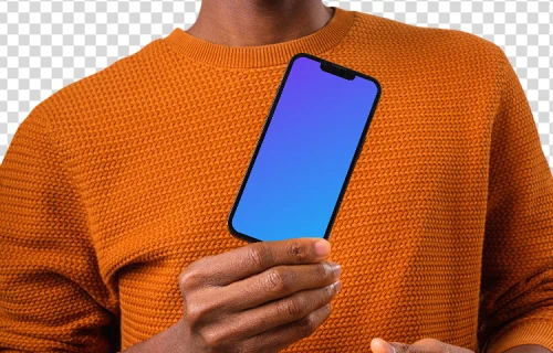 Homem mostrando o aplicativo no iPhone mockup