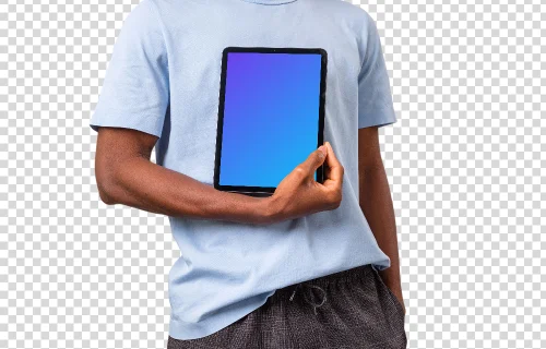 Man standing and holding iPad mockup