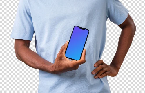 Homem em pé e segurando um iPhone mockup