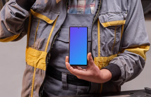 Mechanic holding a Google Pixel 6 mockuô