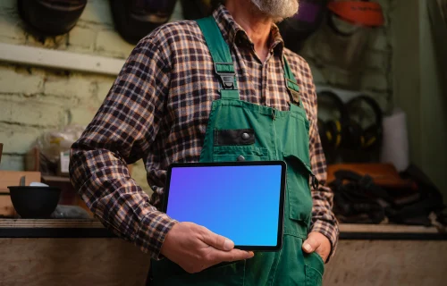 Mecánico con un iPad Air en la mano mockup