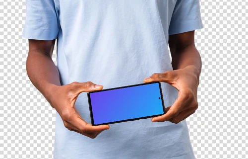 Mockup of a landscape Google Pixel held by man in light shirt