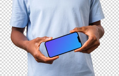 Mockup of a landscape iPhone held by man in light shirt