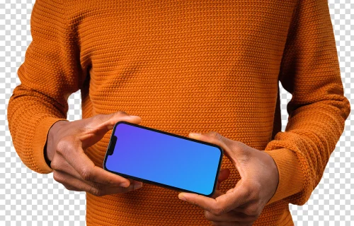 Mockup of a landscape iPhone held by man in orange sweater