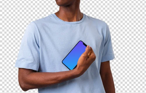 Mockup de un iPhone girado mockup sostenido por un hombre con camisa clara