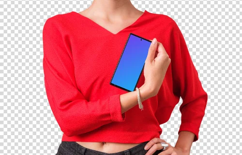 Mockup of Google Pixel held by woman in red shirt