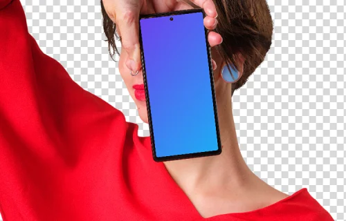 Mockup of Google Pixel next to the woman's face