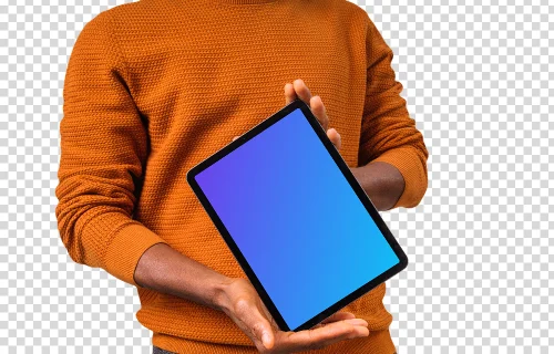 Mockup of iPad held by man in orange sweater