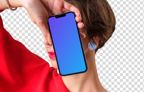 Mockup of iPhone next to the woman's face