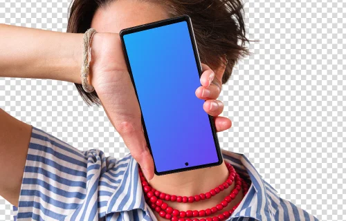 Mockup of upside-down Google Pixel next to the woman's face