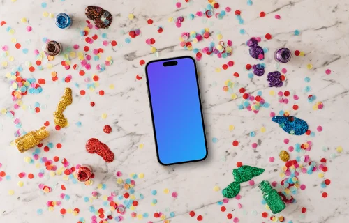 Smartphone mockup in a rainbow glitter scene
