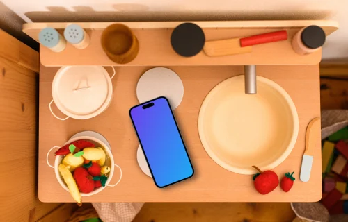 Smartphone mockup on a colorful play kitchen