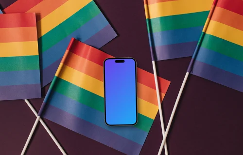 Smartphone mockup on rainbow flags
