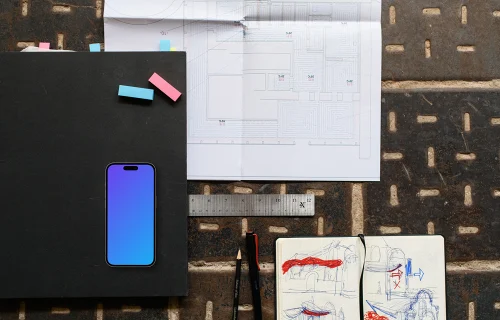 Smartphone mockup with architectural plans