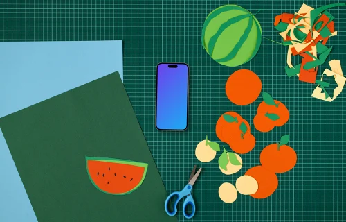 Smartphone mockup with colorful craft paper fruits