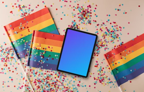 Tablet mockup among LGBT flags