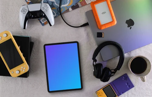 Tablet mockup on a tech-savvy gamer's desk